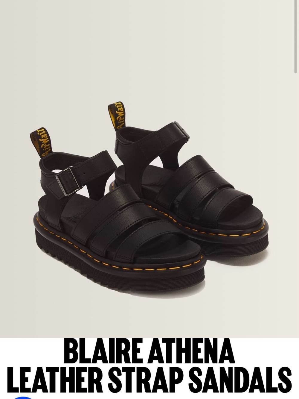 Dr. Martens Black Leather Strappy Platform Sandals with Yellow Stitching